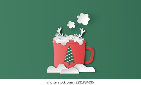 Merry Christmas cute mug with hot cocoa or coffee, sweet cream, snowflake, and reindeer horn. paper cut and craft style. Merry Christmas. vector, illustration.