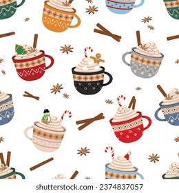 Merry Christmas cute mugs seamless pattern with hot cocoa or coffee sweet cream, gingerbread cookies candy canes, cinnamon sticks and vanilla flowers Decorative ornamental holiday coffee cups texture