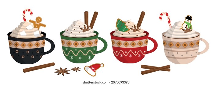 Merry Christmas cute mugs set with hot cocoa or coffee, sweet cream, gingerbread cookies, candy canes, cinnamon sticks and vanilla flowers. Decorative holiday coffee cups with ornaments. 