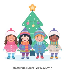 Merry Christmas. Cute multinational children holding hands and Christmas tree under snow on white background. Poster, Banner, Flyer, Greeting Card. Vector illustration in flat cartoon style