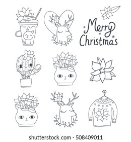 Merry Christmas cute objects - cacao with marshmallow, adorable deer, poinsettia flower, cactus as a holiday tree, cat head pot with succulent, warm ugly sweater.