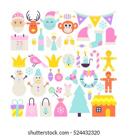 Merry Christmas Cute Objects. Flat Design Vector Illustration. Happy New Year Colorful Items. 