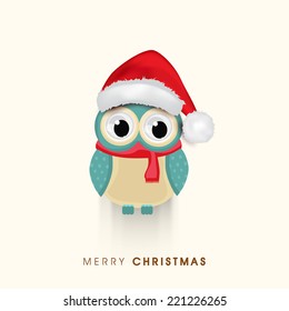 Merry Christmas, cute owl in santa hat and red scarf wishing on beige background. 