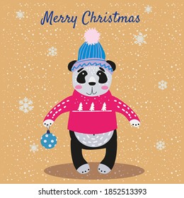 Merry Christmas Cute Panda with hat, sweater and toy, card. Hand drawn character illustration vector isolated poster banner
