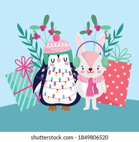 merry christmas, cute penguin and bunny lights gifts and holly berry cartoon vector illustration