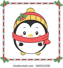 Merry Christmas cute penguin drawing with Christmas berry yellow hat and red scarf winter season