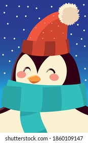 merry christmas cute penguin with santa hat celebration vector illustration