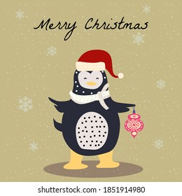 Merry Christmas Cute Penguin with scarf, hat and toy card. Hand drawn character illustration vector isolated poster banner