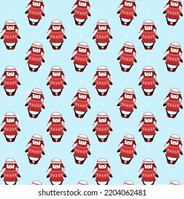 Merry Christmas Cute Penguin in winter. Seamless Christmas pattern with penguin and winter tree