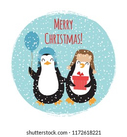 Merry Christmas cute penguins vintage card design isolated on white illustration