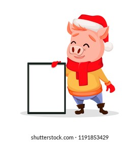 Merry Christmas. Cute pig wearing Santa Claus hat and scarf. Cheerful funny cartoon character holding blank frame for your text. Vector illustration.