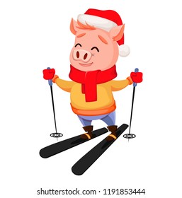 Merry Christmas. Cute pig wearing Santa Claus hat and scarf. Cheerful funny cartoon character skiing. Vector illustration.