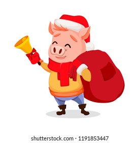 Merry Christmas. Cute pig wearing Santa Claus hat and scarf. Cheerful funny cartoon character holding hand bell. Vector illustration.