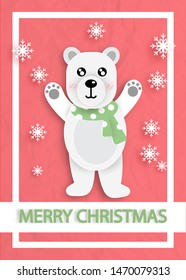 Merry Christmas . cute polar bear and snowflakes for Christmas greeting card or poster  . paper cut and craft style . 