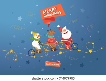 Merry Christmas cute postcard. Santa Claus, Deer and Snowman riding a tandem bike on blue background with stars. Vector colorful illustration.