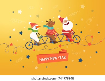 Merry Christmas cute postcard. Santa Claus, Deer and Snowman riding a tandem bike on yellow background with stars. Vector colorful illustration.