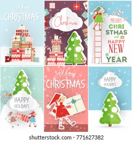 Merry Christmas Cute Posters Set - Santa Claus Gnomes in Winter Holidays Set. Vector Illustration.