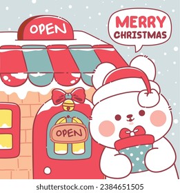 Merry christmas with cute rabbit at christmas store cartoon