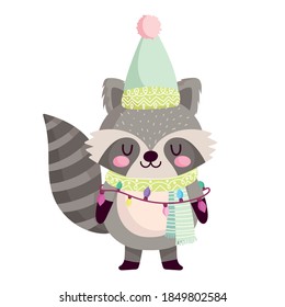merry christmas, cute raccoon with hat scarf and lights animal cartoon vector illustration