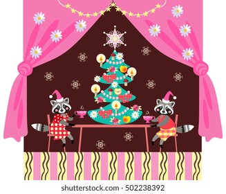 Merry Christmas! Cute raccoons drinking tea. Greeting card.