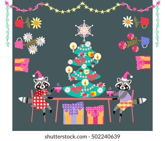 Merry Christmas! Cute raccoons drinking tea. Greeting card with animals, christmas tree, presents and plants.