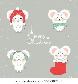 Merry Christmas cute rat furry cartoon collection with pastel color.