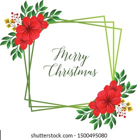 Merry christmas with cute red flower frame, isolated on white background. Vector