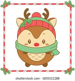 Merry Christmas cute reindeer drawing with Christmas berry hat and green scarf for winter season