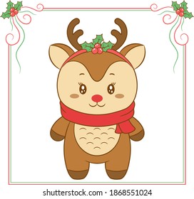 merry Christmas cute reindeer drawing with red berry