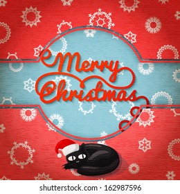 Merry Christmas cute retro card or banner on the craft paper texture with cat in santa's hat, with merry christmas curl written greeting. Vector