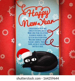 Merry Christmas cute retro card or banner on the craft paper texture with cat in santa's hat, with merry christmas curl written greeting. Vector 