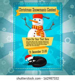 Merry Christmas cute retro contest invitation or banner on the craft paper texture with snowman and cat in santa's hat, with merry christmas greeting and place for your text. Vector