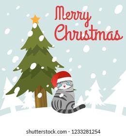 Merry Christmas, Cute santa claus cats xmas hat costume in snow. Vector Illustration.