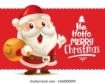 Merry Christmas. Cute Santa Claus with big red signboard. Merry Christmas lettering greeting card  - Vector