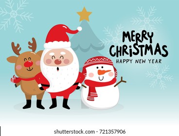 Merry Christmas with cute Santa Claus, reindeer and snowman. Holidays cartoon character vector set.