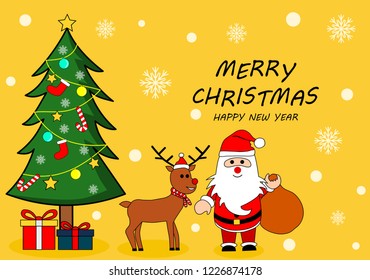 Merry Christmas. cute Santa and reindeer in snow scene on yellow background. Greeting Happy New Year card. Holidays cartoon character vector Illustration.