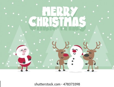 Merry Christmas Cute Santa, Reindeer And Snowman. Flat Vector Xmas Card