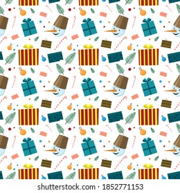 Merry christmas cute seamless pattern with snowman and presents vector image