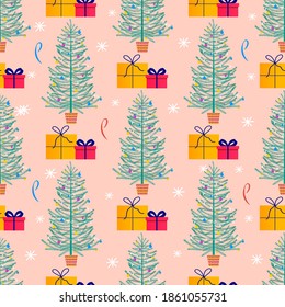 Merry Christmas cute seamless pattern with fir tree, gifts and snowflakes for happy new year presents. Scandinavian style set for invitation, children room, nursery decor, interior design, textile