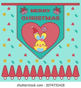 Merry Christmas! Cute sign. Confetti background. Happy cute bunny and adorable bird in red heart on green sign. Decorated with red pine tree.