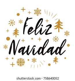 Merry Christmas. Cute Christmas sign with golden Christmas tree, snow, snowflakes isolated on white. Vector illustration. Phrase for banner, invitation, congratulation, cards. Inscription in Spanish