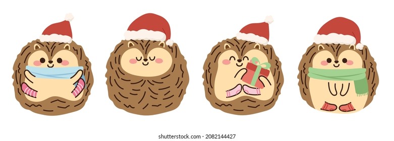Merry christmas.Set of cute small hedgehog wear santa hat in various poses cartoon on white background.Animals character design.Prickly animal.Winter.New year.Kawaii.Isolated.Vector.Illustration.