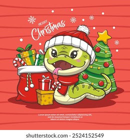 Merry Christmas With Cute Snake On Red Background. Cartoon Illustration