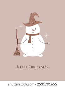 Merry Christmas. Cute snowman with broom and hat. Greeting card, minimalistic post card, poster. Vector illustration