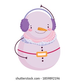 merry christmas, cute snowman with earmuffs celebration icon isolation vector illustration