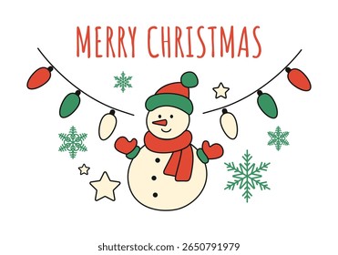 Merry Christmas, cute Snowman, Christmas Garland, Snowflakes, Stars. New Year's mood. Christmas greeting card. Funny holiday banner. Vector illustration isolated