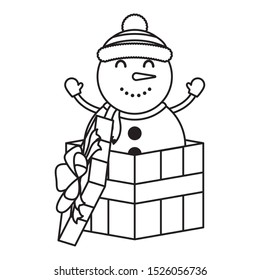 merry christmas cute snowman in gift character vector illustration design