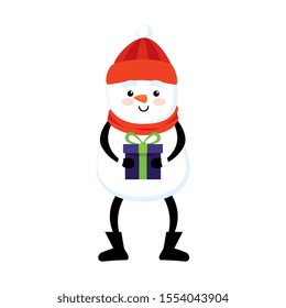 merry christmas cute snowman with gift box vector illustration design