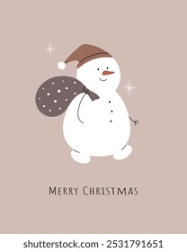 Merry Christmas. Cute snowman with gift bag. Greeting card, minimalistic post card, poster. Vector illustration