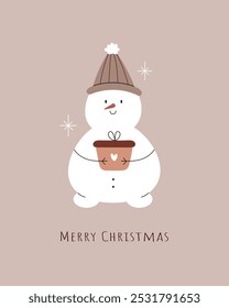 Merry Christmas. Cute snowman with gift box. Greeting card, minimalistic post card, poster. Vector illustration